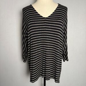 J. Jill Striped Wearever V-Neck Top, 3/4 Dolman Sleeves Sz XL TALL Black & Gray